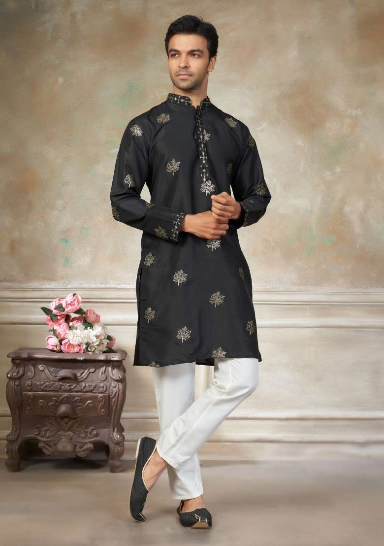 Black Embroidered Cotton Kurta Pajama For Men - Indya