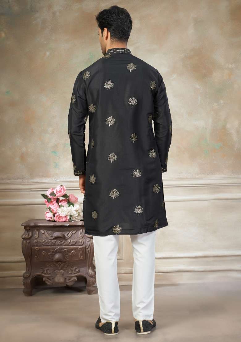 Black Embroidered Cotton Kurta Pajama For Men - Indya