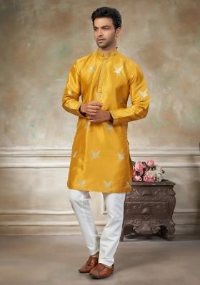 Yellow Embroidered Cotton Kurta Pajama For Men