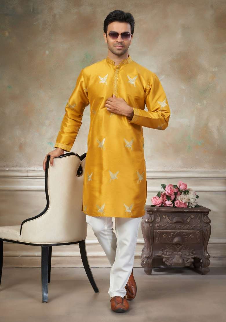 Yellow Embroidered Cotton Kurta Pajama For Men - Indya