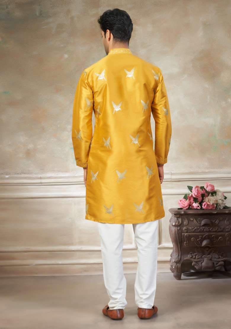 Yellow Embroidered Cotton Kurta Pajama For Men - Indya