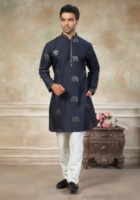 Navy Blue Embroidered Cotton Kurta Pajama For Men