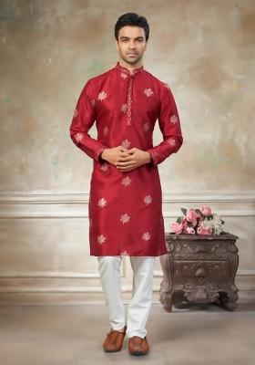 Red Embroidered Cotton Kurta Pajama For Men