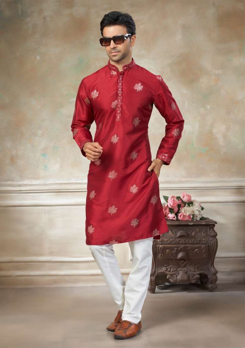 Red Embroidered Cotton Kurta Pajama For Men - Indya