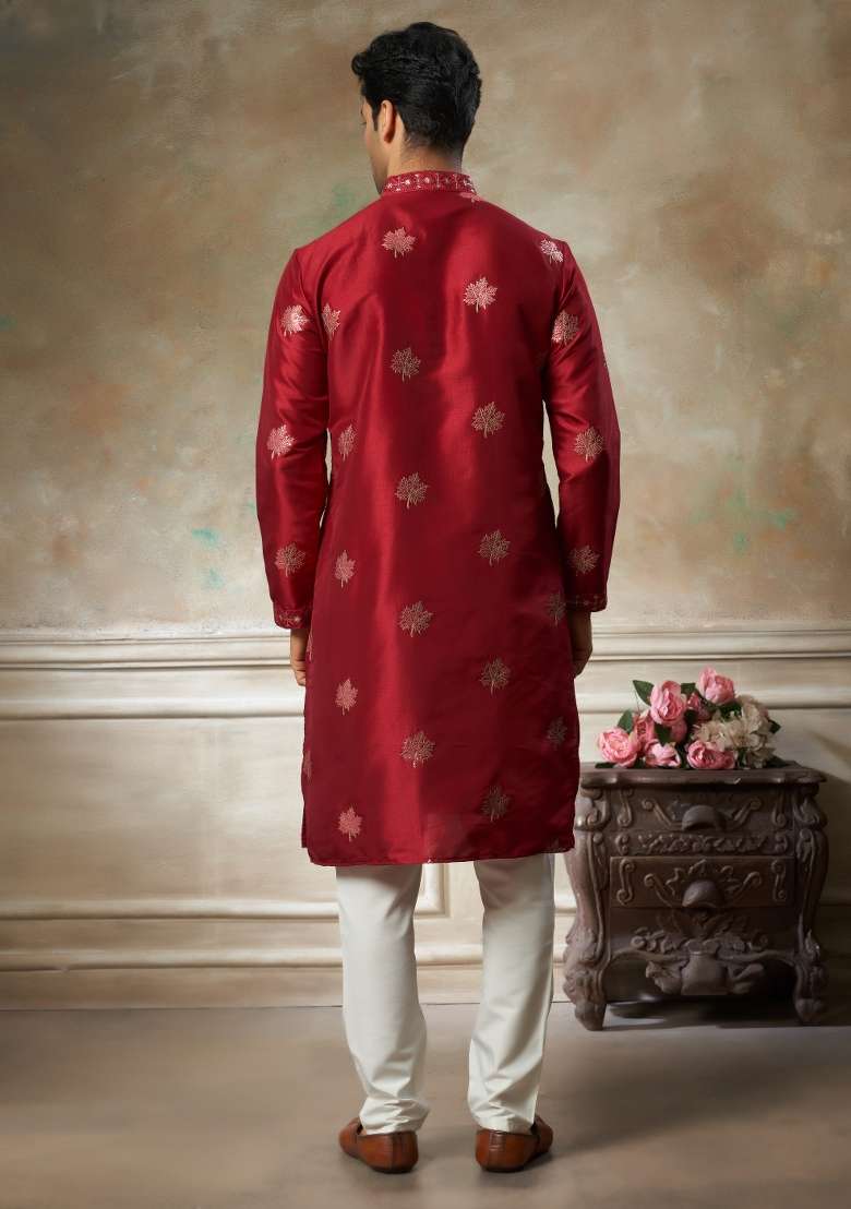 Red Embroidered Cotton Kurta Pajama For Men - Indya