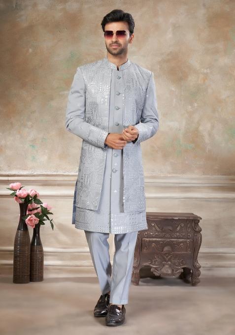 Grey Embroidered Viscose Indo Western Set For Men
