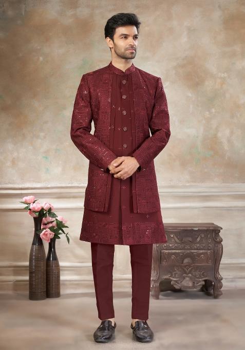 Maroon Embroidered Viscose Indo Western Set For Men