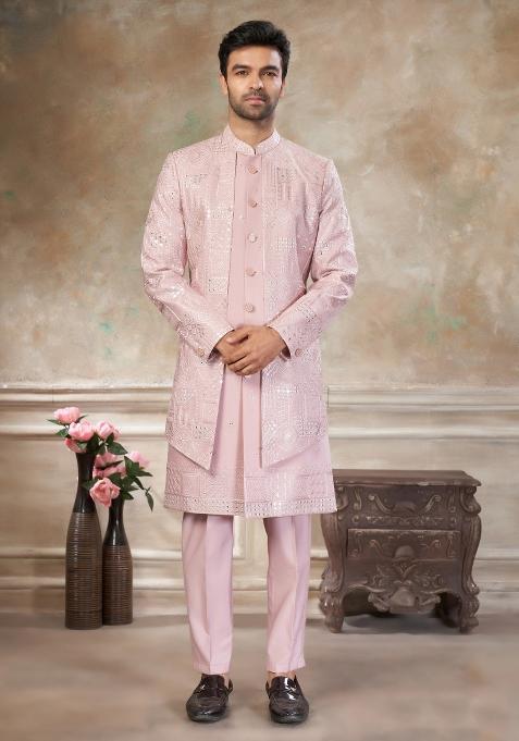 Pink Embroidered Viscose Indo Western Set For Men