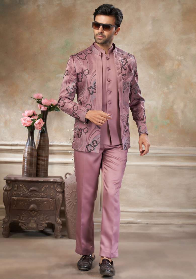 Pink Embroidered Terry Rayon Jodhpuri Suit For Men - Indya