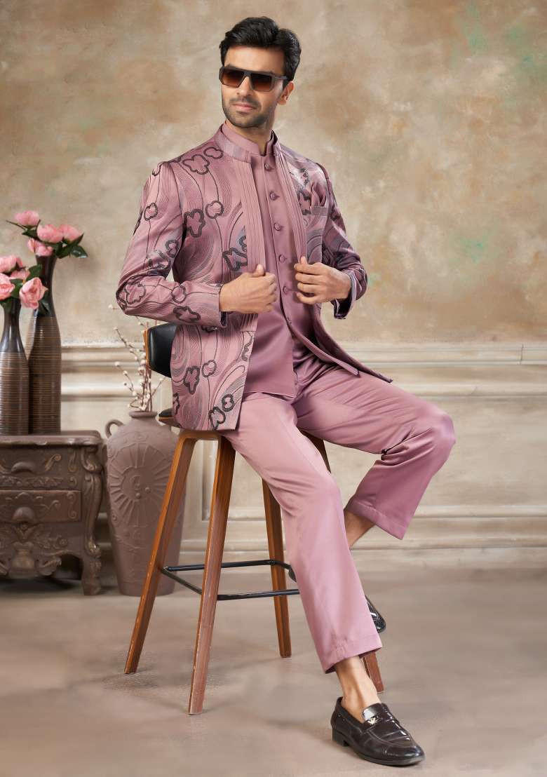 Pink Embroidered Terry Rayon Jodhpuri Suit For Men - Indya