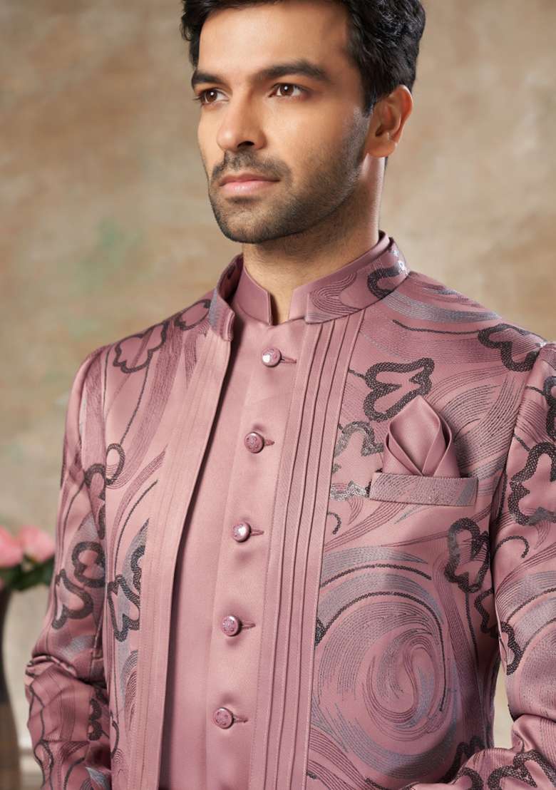 Pink Embroidered Terry Rayon Jodhpuri Suit For Men - Indya
