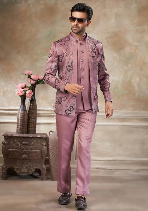 Pink Embroidered Terry Rayon Jodhpuri Suit For Men