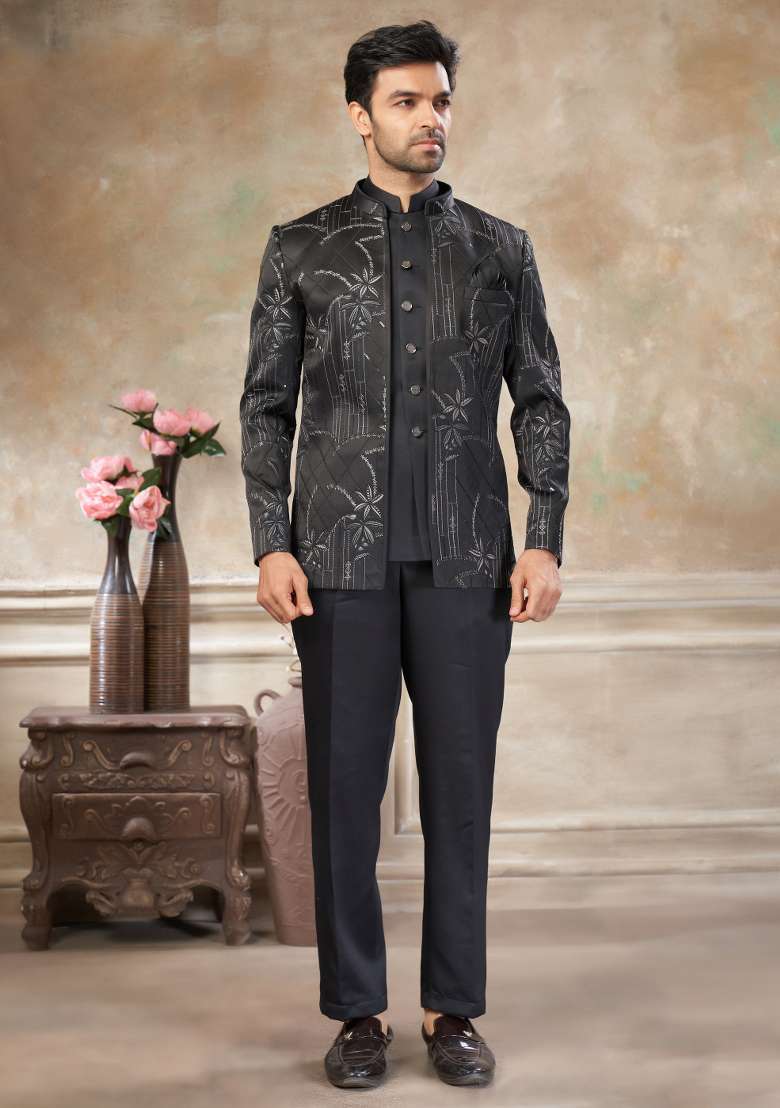 Black Embroidered Terry Rayon Jodhpuri Suit For Men - Indya