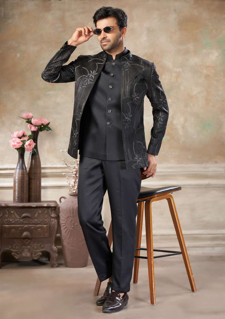 Black Embroidered Terry Rayon Jodhpuri Suit For Men - Indya