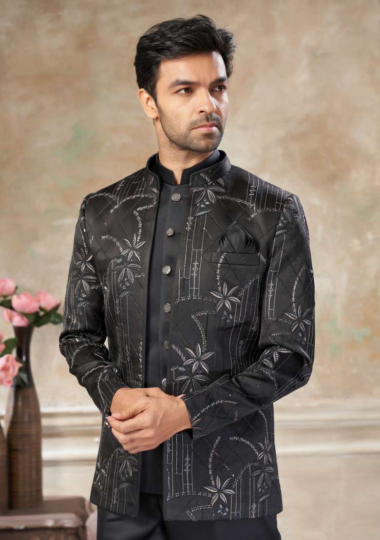 Black Embroidered Terry Rayon Jodhpuri Suit For Men - Indya