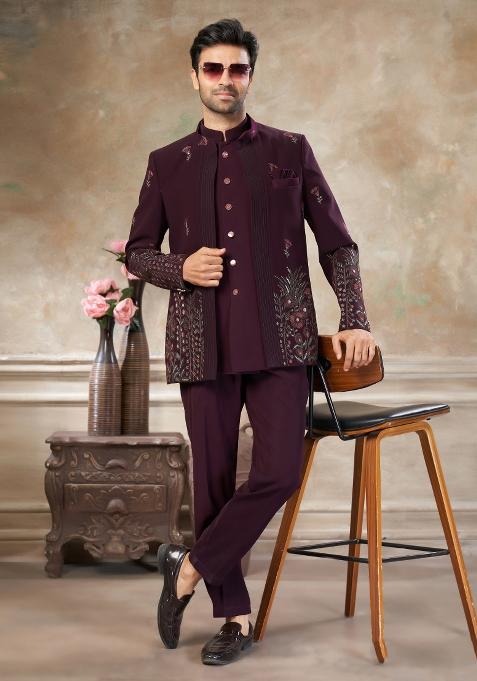 Maroon Embroidered Terry Rayon Jodhpuri Suit For Men