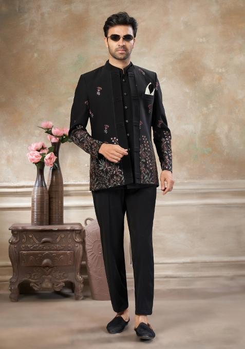 Black Embroidered Terry Rayon Jodhpuri Suit For Men