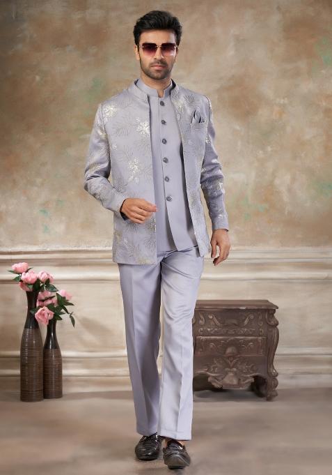 Lavender Embroidered Terry Rayon Jodhpuri Suit For Men