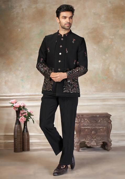 Black Embroidered Terry Rayon Jodhpuri Suit For Men
