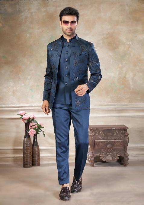 Blue Embroidered Terry Rayon Jodhpuri Suit For Men