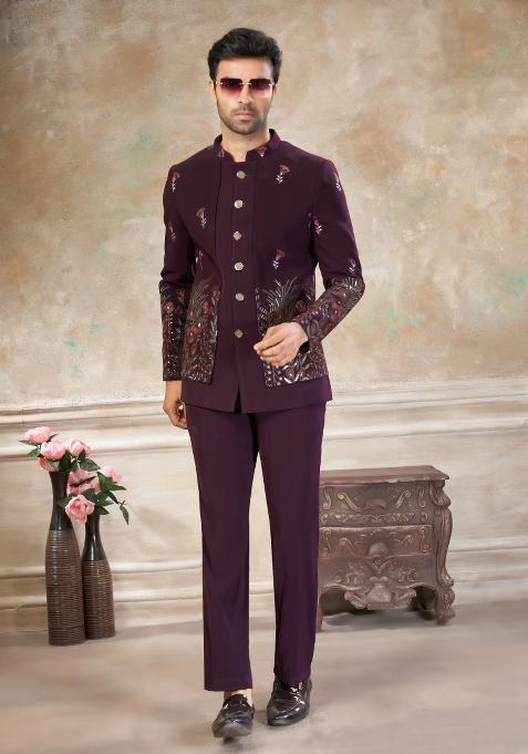 Maroon Embroidered Terry Rayon Jodhpuri Suit For Men