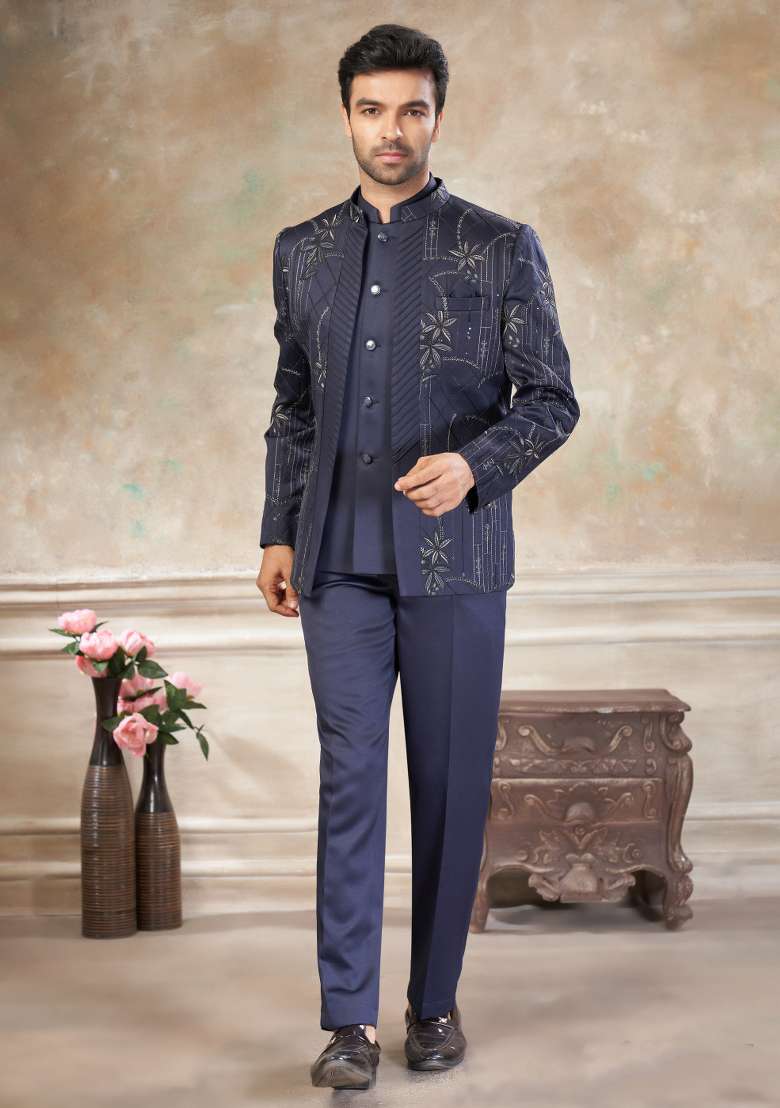 Grey Embroidered Terry Rayon Jodhpuri Suit For Men - Indya