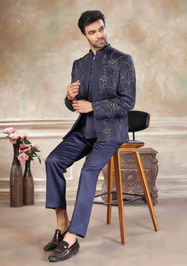 Grey Embroidered Terry Rayon Jodhpuri Suit For Men - Indya