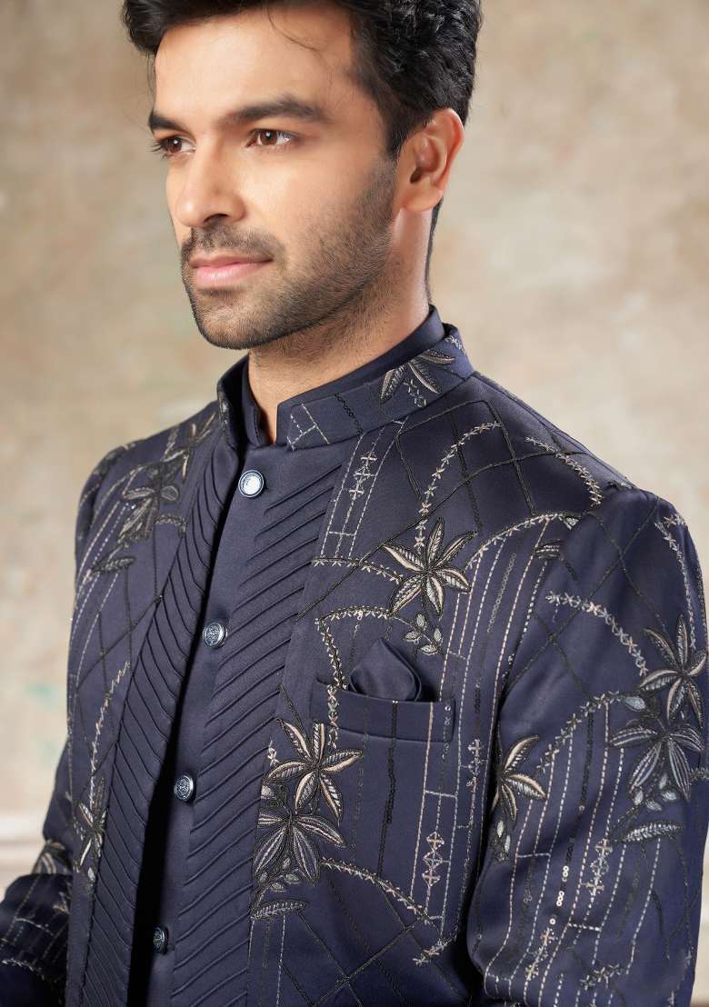 Grey Embroidered Terry Rayon Jodhpuri Suit For Men - Indya