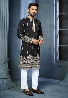 Black Embroidery Silk Kurta Set For Men