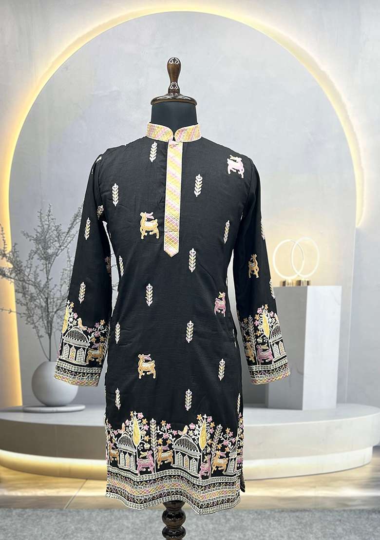 Black Embroidery Silk Kurta Set For Men - Indya