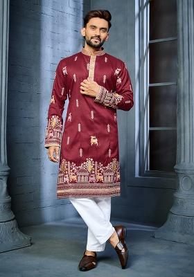 Maroon Embroidery Silk Kurta Set For Men