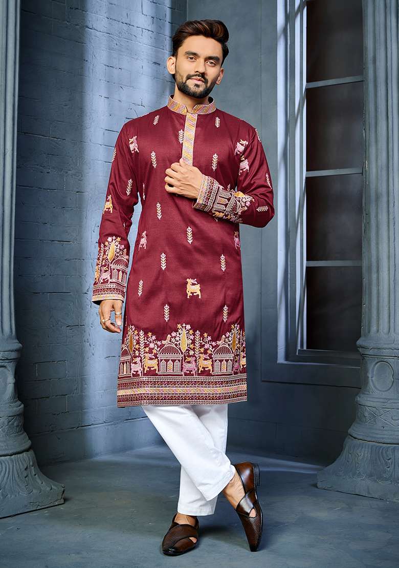 Maroon Embroidery Silk Kurta Set For Men - Indya
