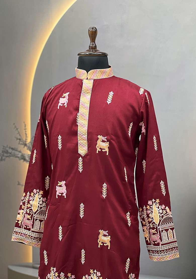 Maroon Embroidery Silk Kurta Set For Men - Indya