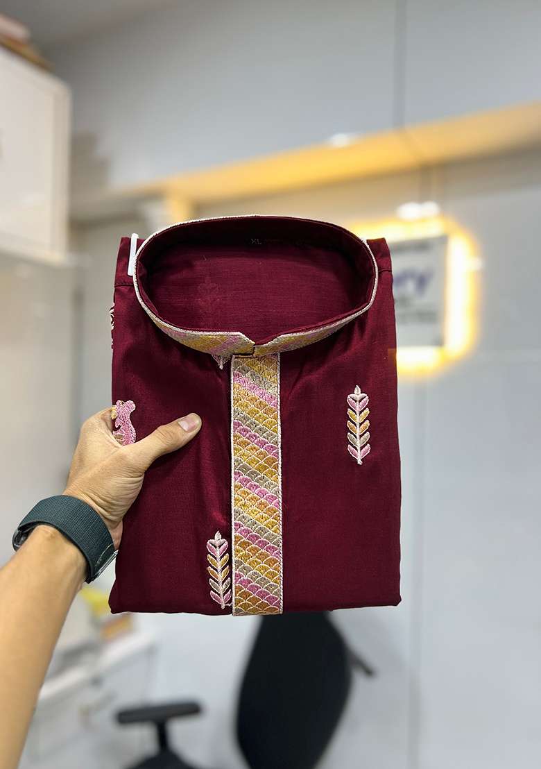 Maroon Embroidery Silk Kurta Set For Men - Indya
