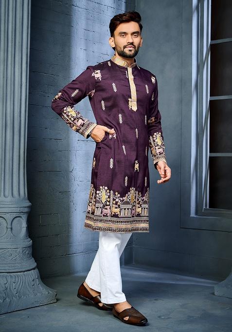 Plum Embroidery Silk Kurta Set For Men