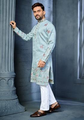 Sky Blue Embroidery Silk Kurta Set For Men