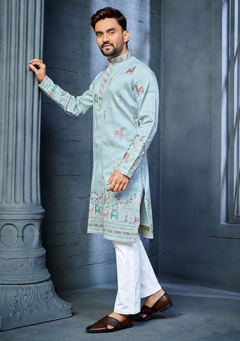 Sky Blue Embroidery Silk Kurta Set For Men - Indya