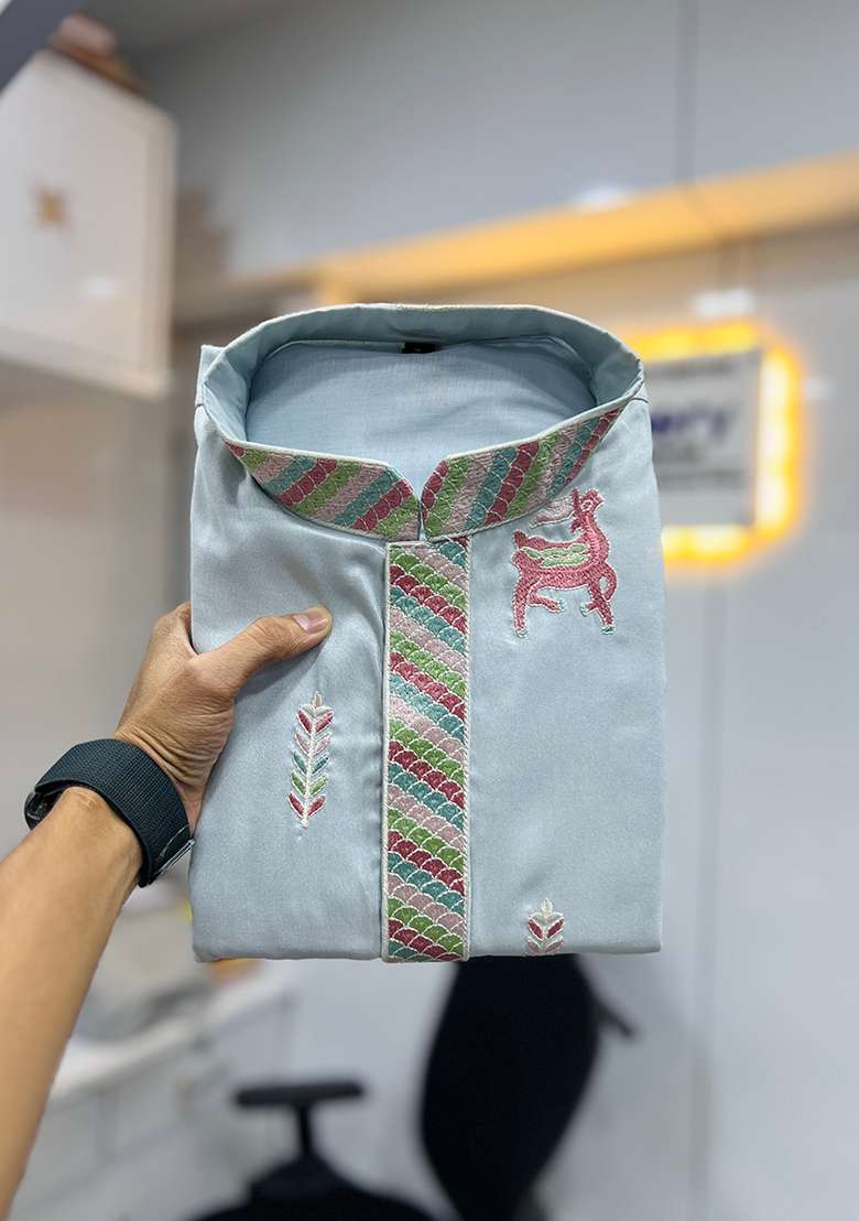 Sky Blue Embroidery Silk Kurta Set For Men - Indya
