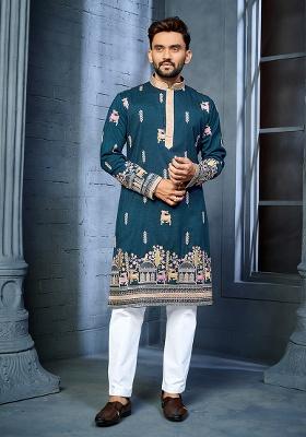 Teal Embroidery Silk Kurta Set For Men