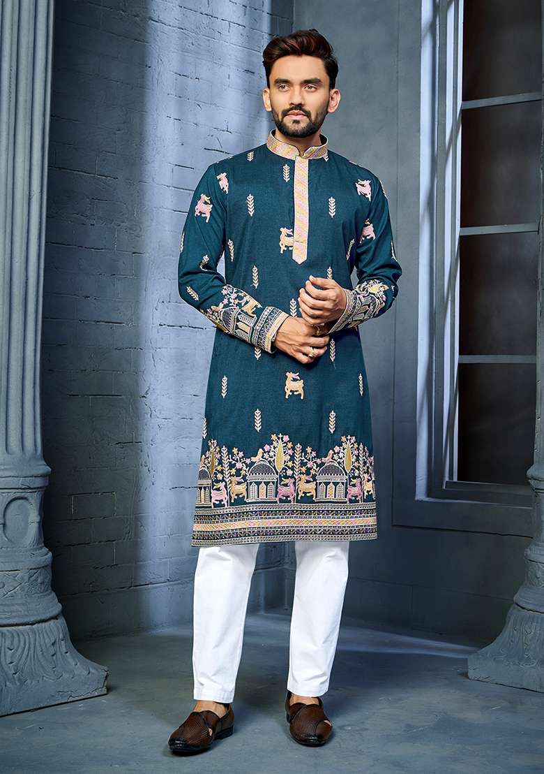 Teal Embroidery Silk Kurta Set For Men - Indya