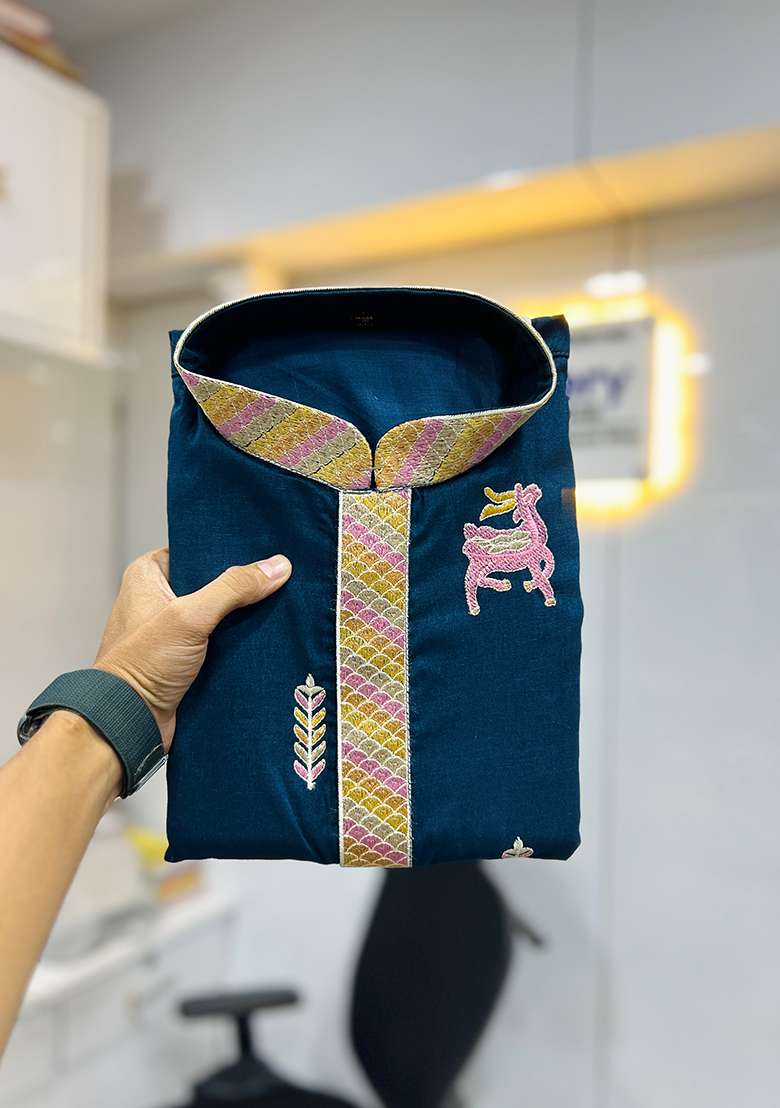 Teal Embroidery Silk Kurta Set For Men - Indya