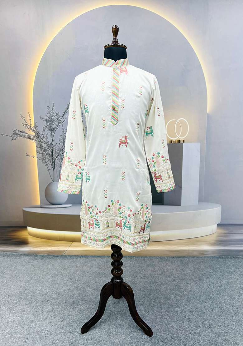 White Embroidery Silk Kurta Set For Men - Indya