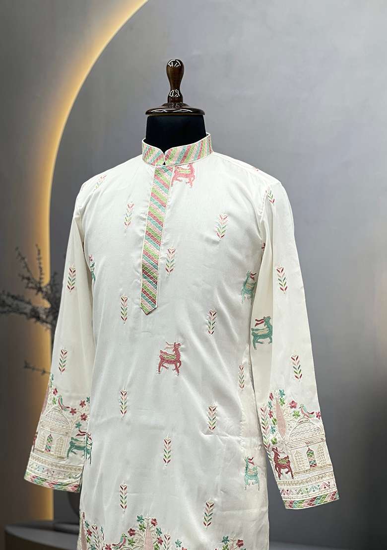 White Embroidery Silk Kurta Set For Men - Indya