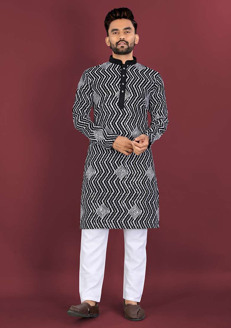 Black Embroidery Silk Kurta Set For Men - Indya