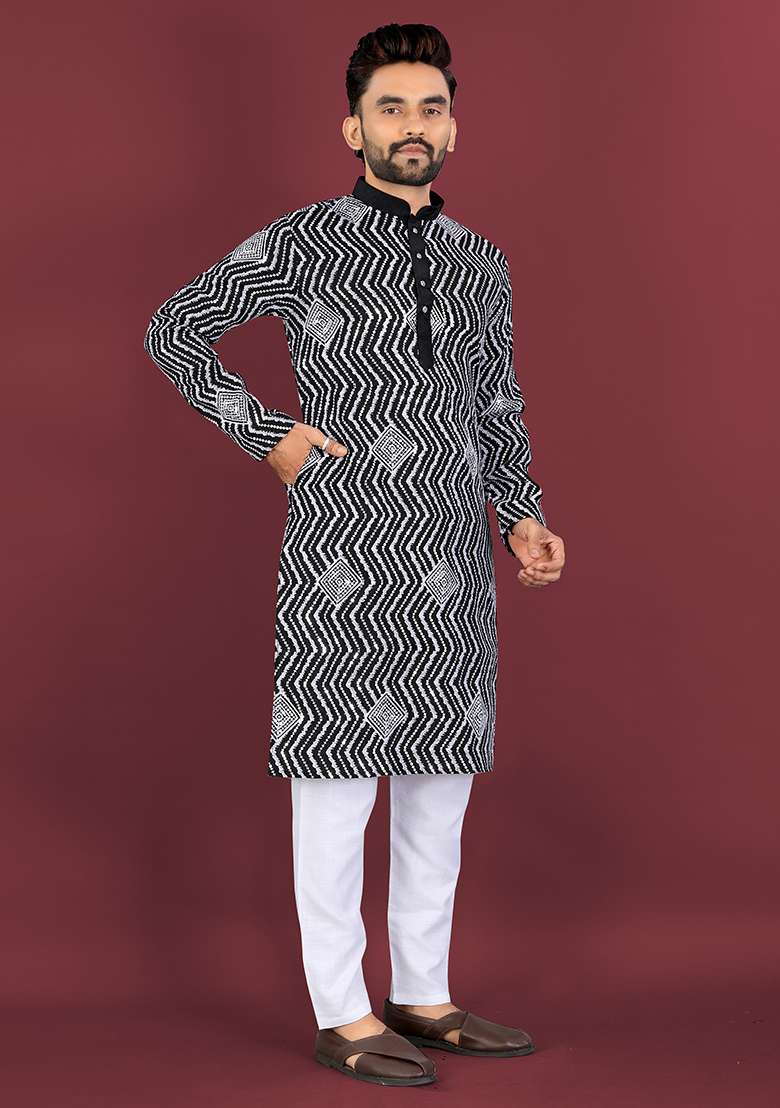 Black Embroidery Silk Kurta Set For Men - Indya