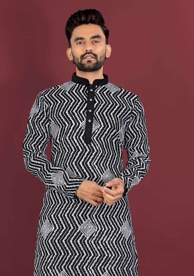 Black Embroidery Silk Kurta Set For Men - Indya