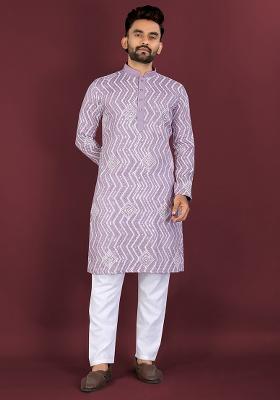 Lavender Embroidery Silk Kurta Set For Men