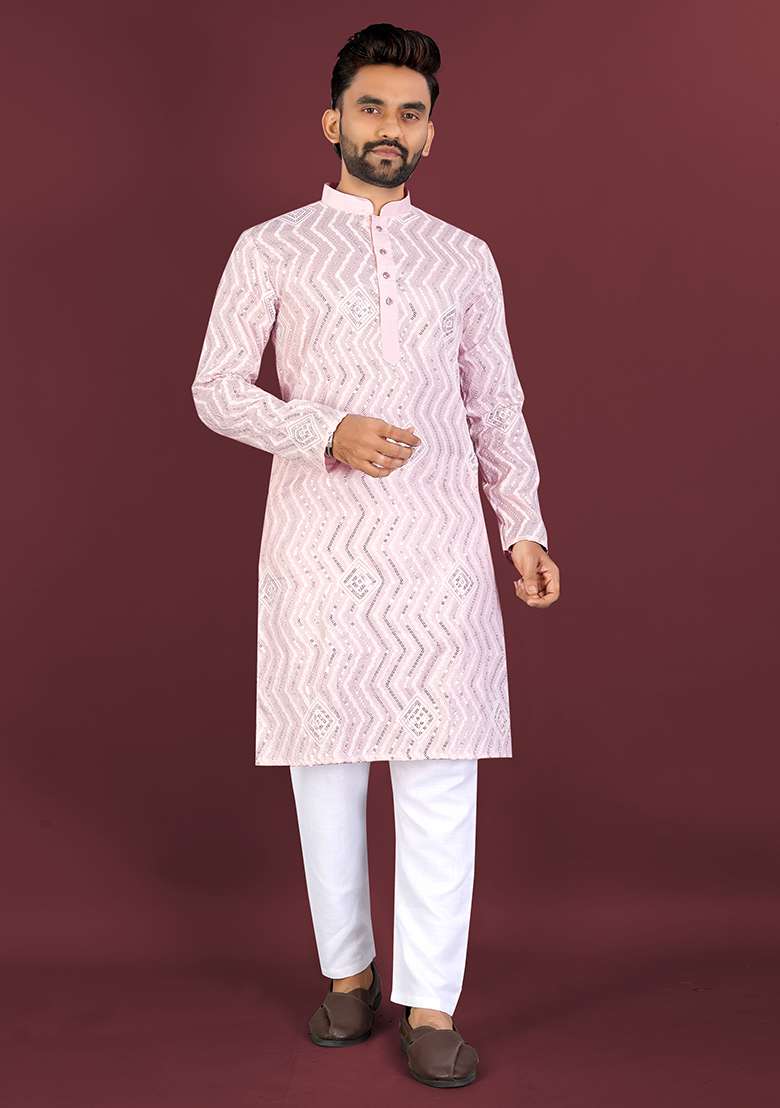 Light Pink Embroidery Silk Kurta Set For Men - Indya