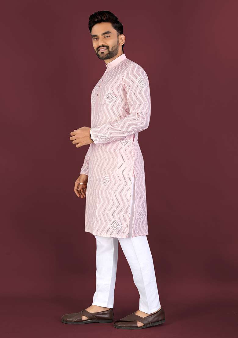 Light Pink Embroidery Silk Kurta Set For Men - Indya