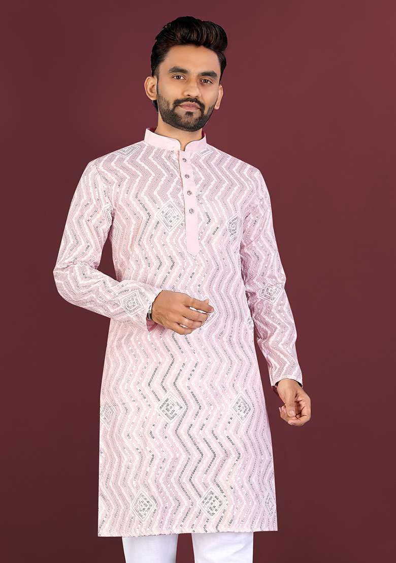 Light Pink Embroidery Silk Kurta Set For Men - Indya